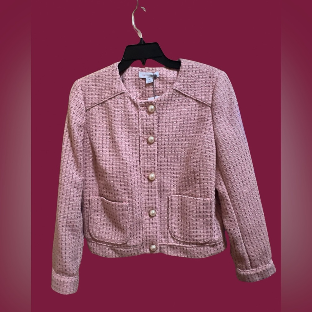 NEW Liz Claiborne Pink Tweed Stylish Women's Jacket with Gold Buttons. Size 8.